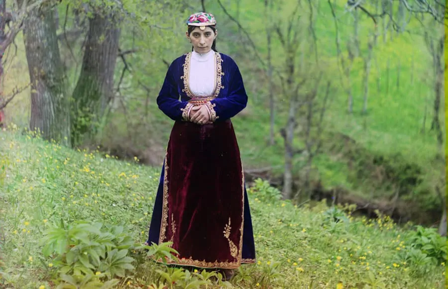 A color photograph of an Armenian woman taken by Prokudin-Gorsky