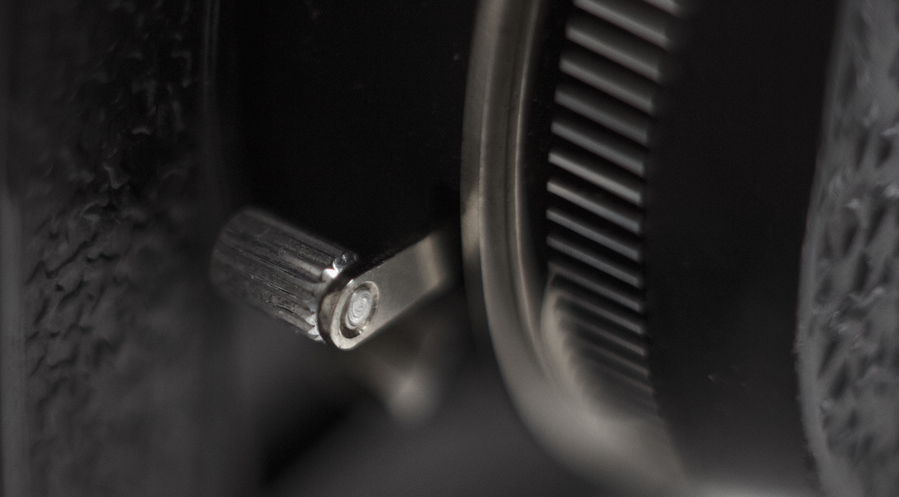 Shutter release button on the front of the Lubitel-166B camera