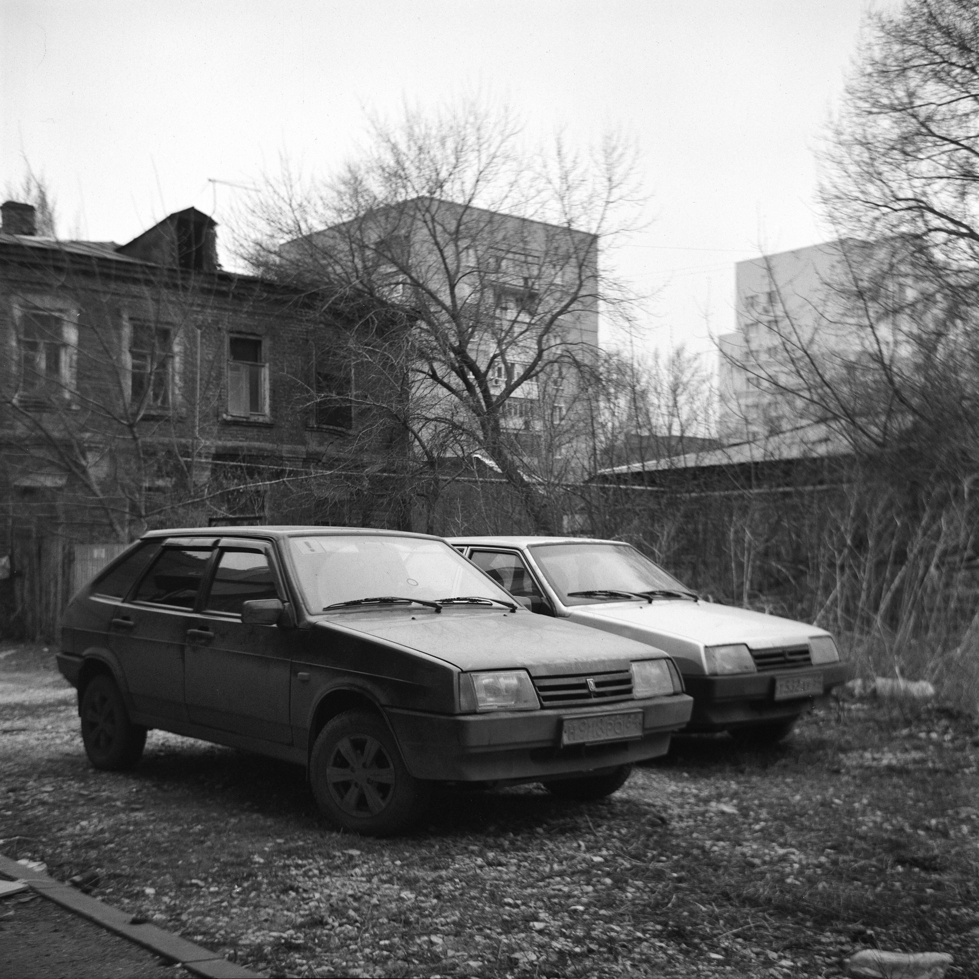 Two old lada cars shot on a Soviet 6x6 camera