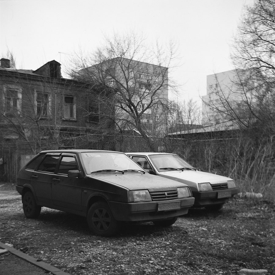 Two old lada cars shot on a Soviet 6x6 camera