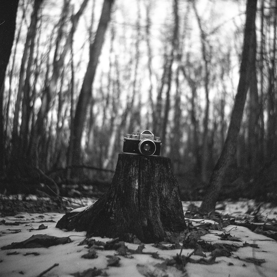 Black and white photo of a Soviet camera