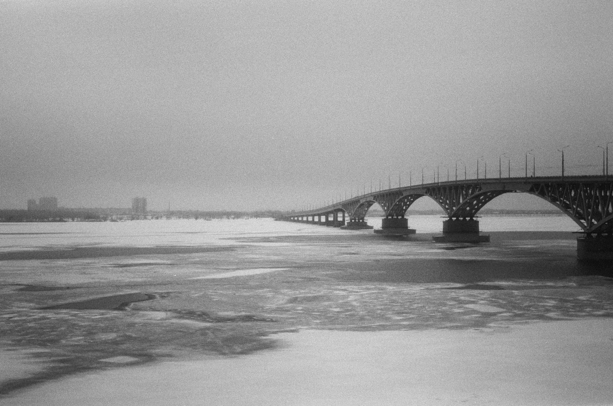 Black and white photo of a bridge shot on a Soviet film camera
