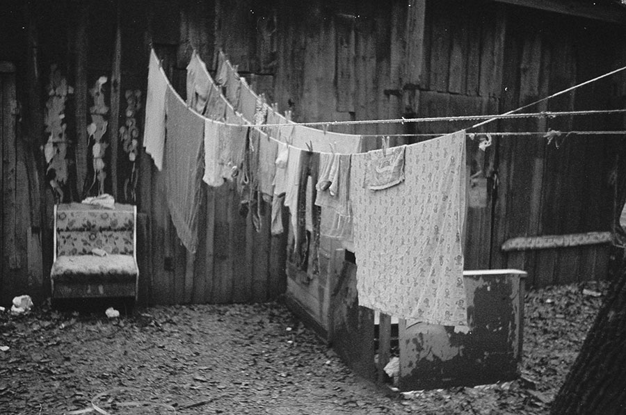 Hanging clothes shot on black and white Soviet film