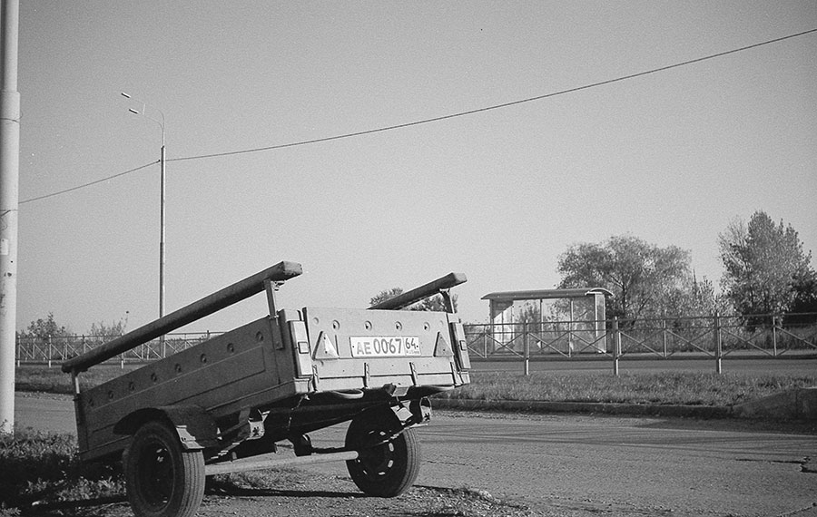 Black and white photo of a trailer shot on a Soviet film camera